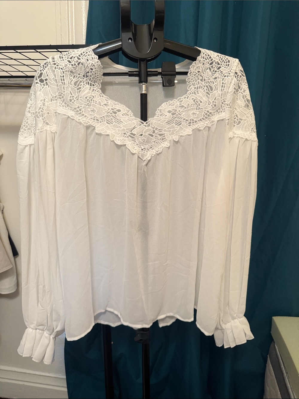 Fashion Bug White Lace Yoke Long Sleeve Blouse NWOT